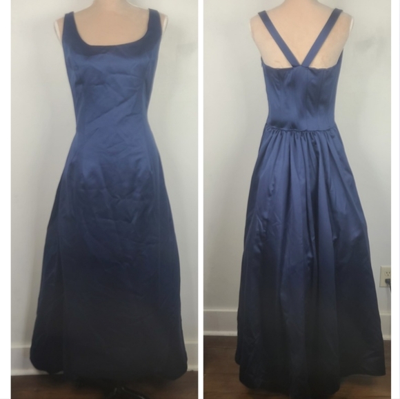 Vintage ABS Evening by Allen Schwartz Navy Blue Satin Full Length Gown 10 - Picture 1 of 11